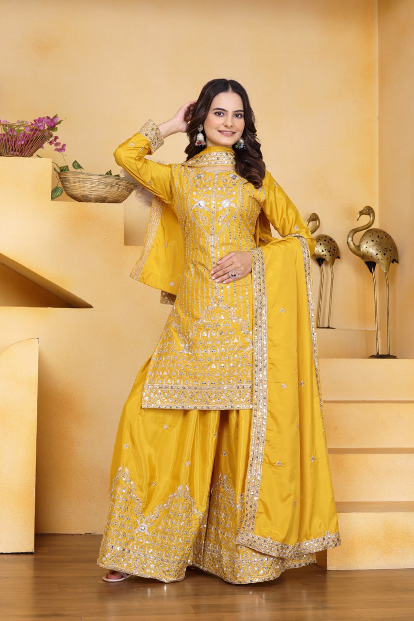 Yellow Crepe Silk Embroidered Sharara Suit Set