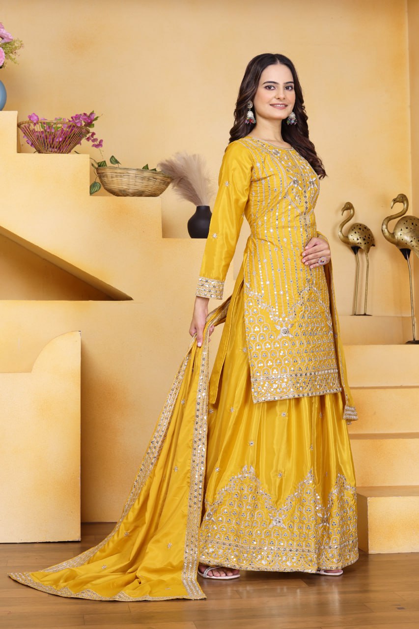 Yellow Crepe Silk Embroidered Sharara Suit Set