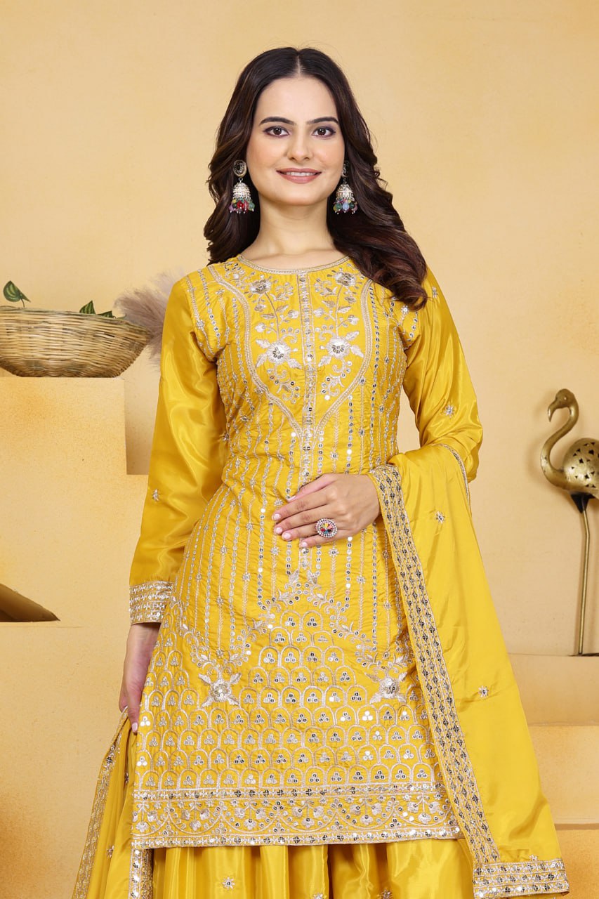 Yellow Crepe Silk Embroidered Sharara Suit Set