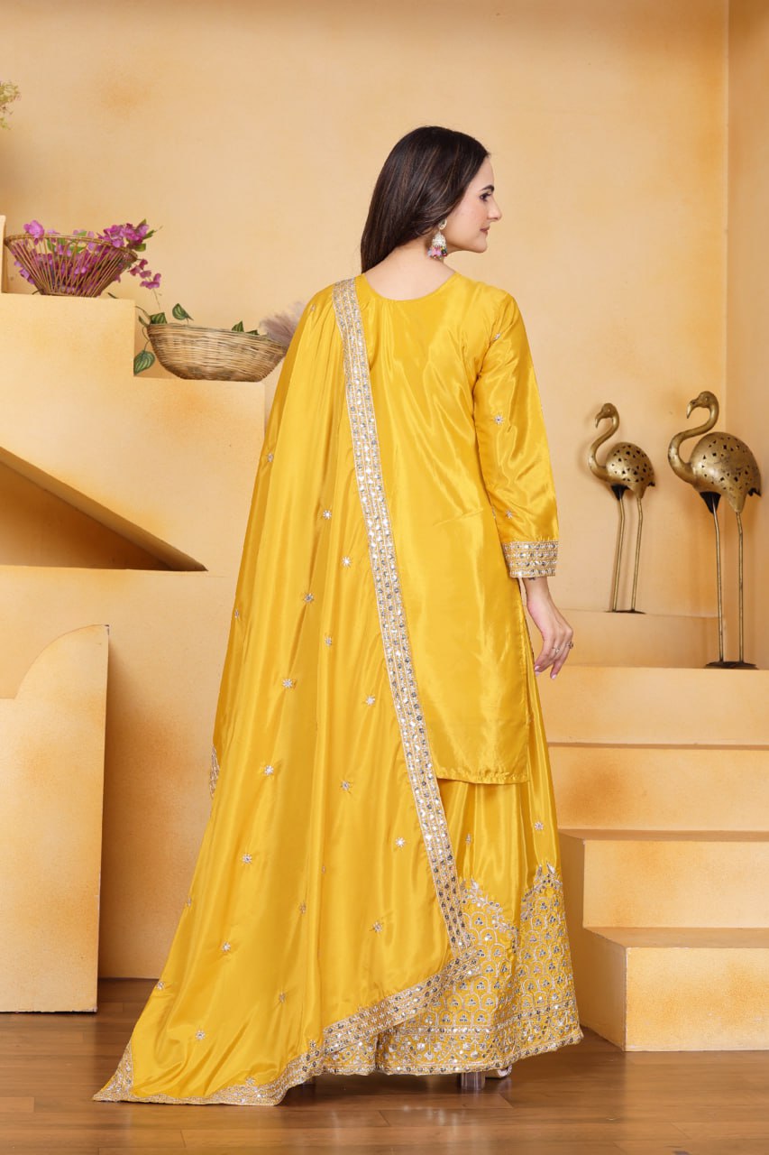 Yellow Crepe Silk Embroidered Sharara Suit Set