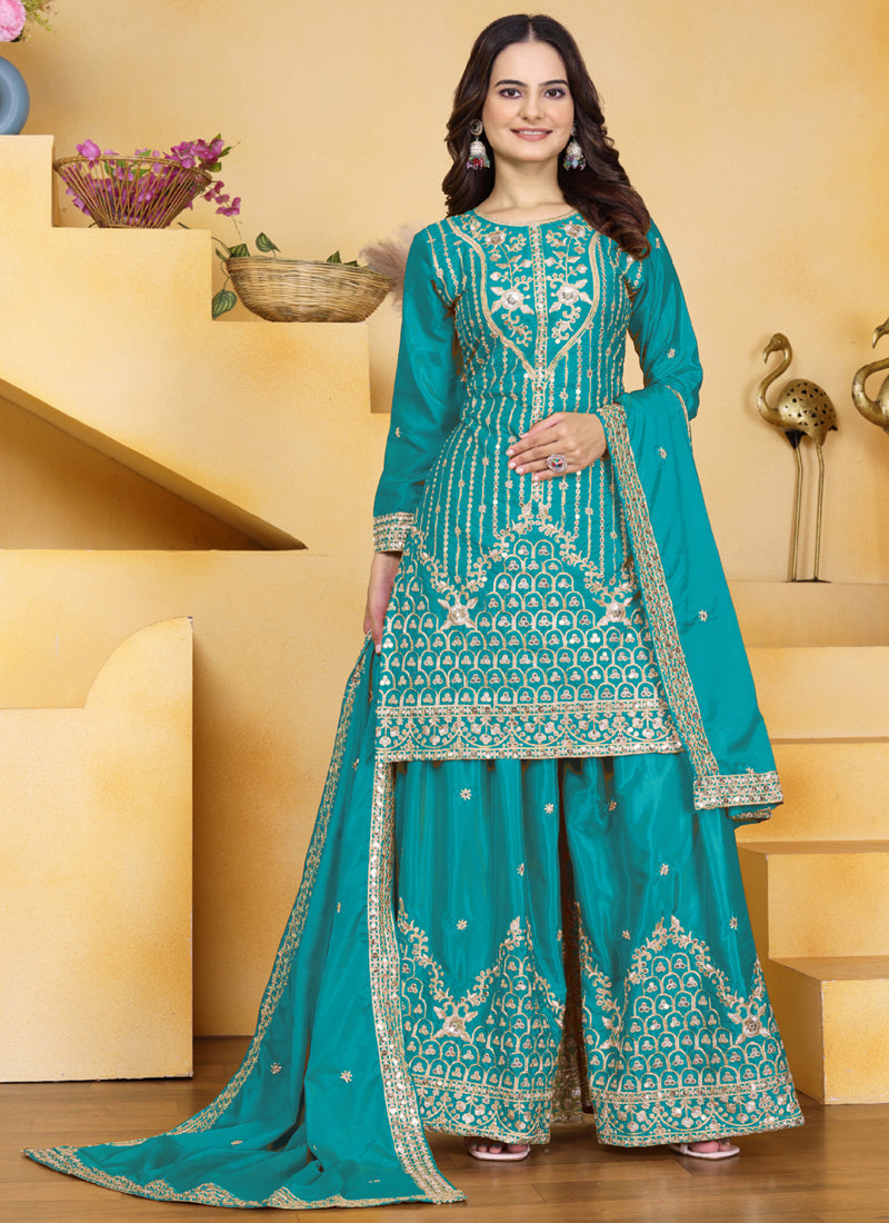 Firozi Crepe Silk Sequin Embroidered Sharara Suit Set