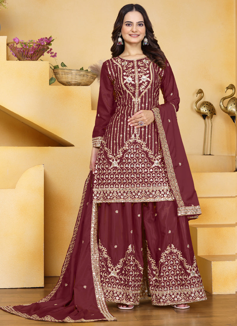 Maroon Crepe Silk Sharara Suit with Sequin and Thread Embroidery