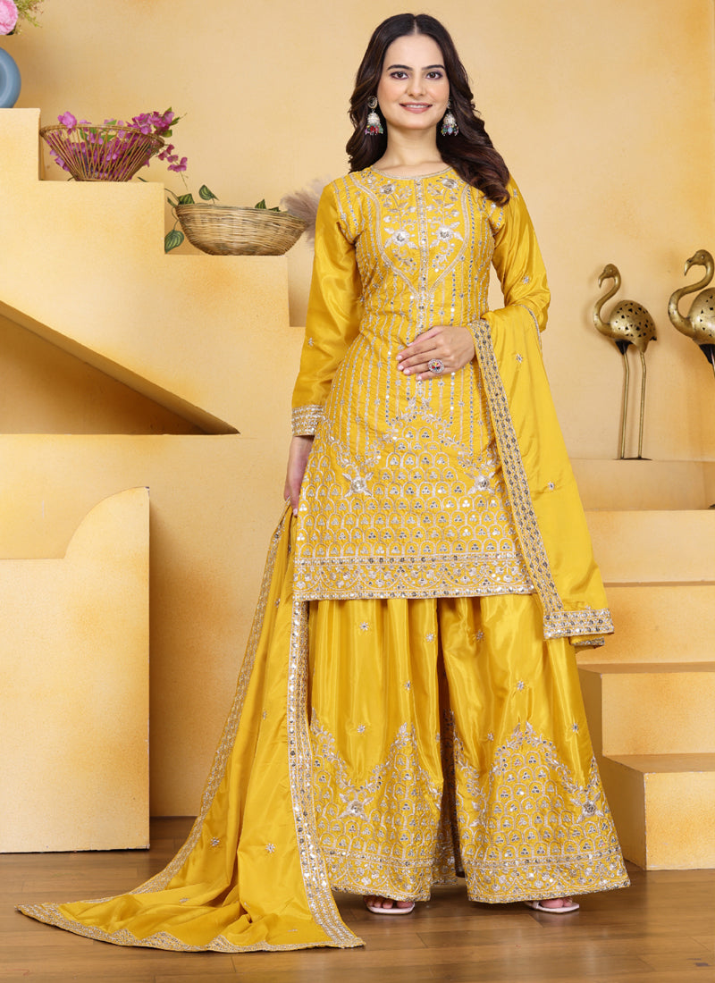 Yellow Crepe Silk Sequin Embroidered Sharara Suit Set