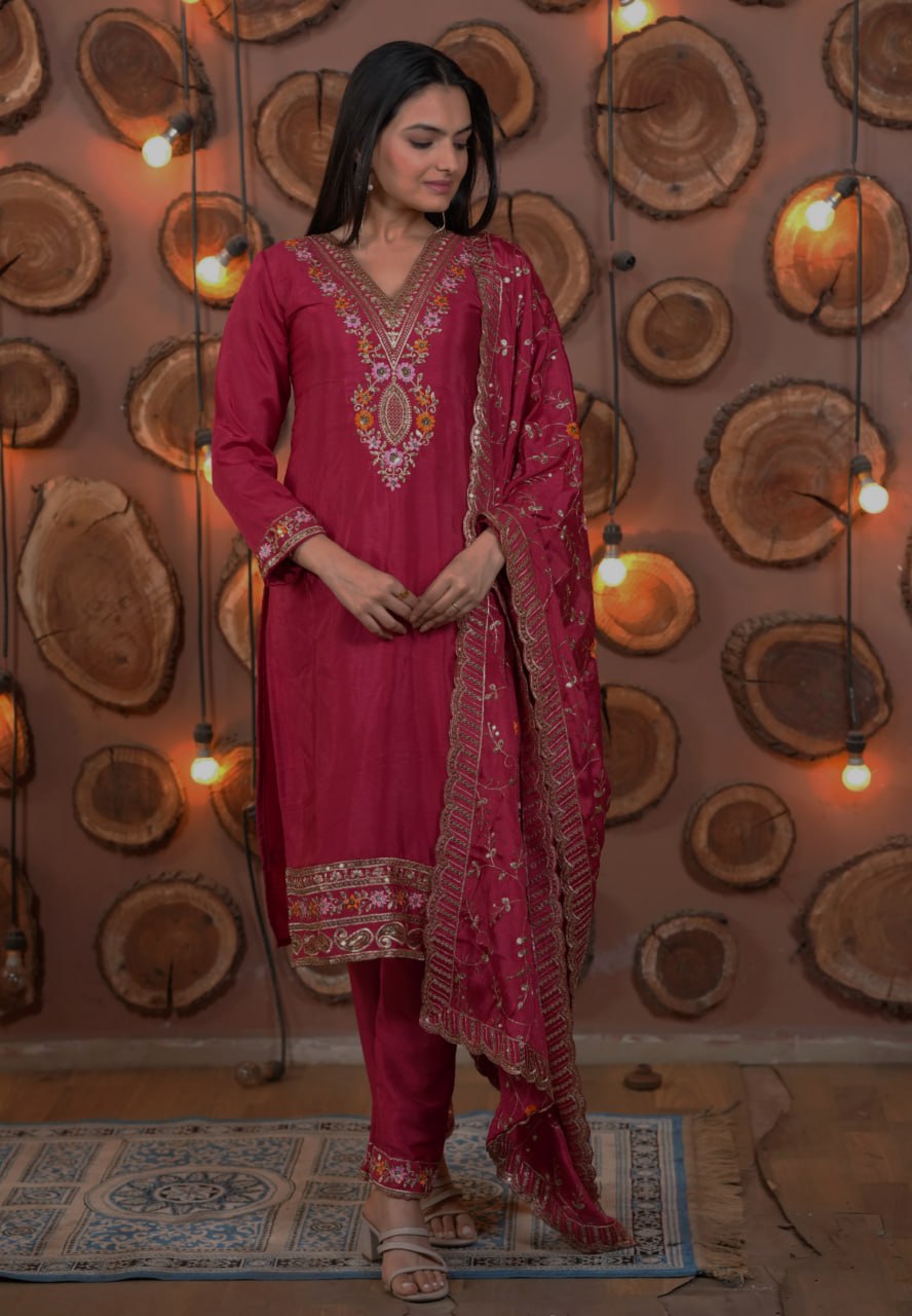 Prazu Fashion pink Chinon silk designer salwar suit with intricate multi-sequence embroidery and elasticized pants.