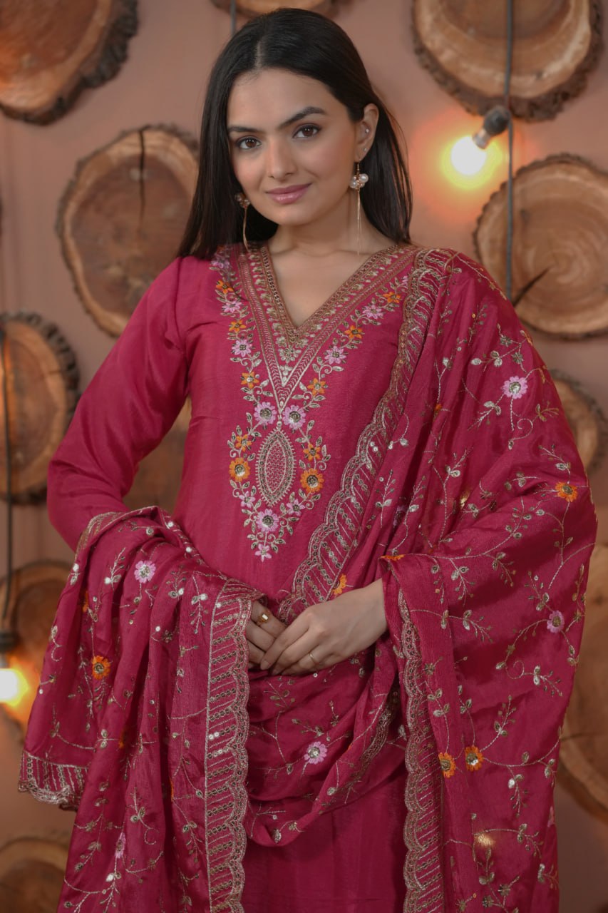 Pink Chinon Silk Embroidered Designer Salwar Suit with Multi-Sequence