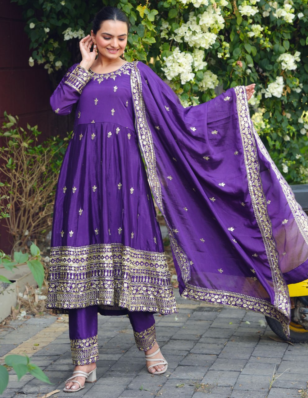 Violet Chinon Silk Designer Anarkali Suit with Sequence Work