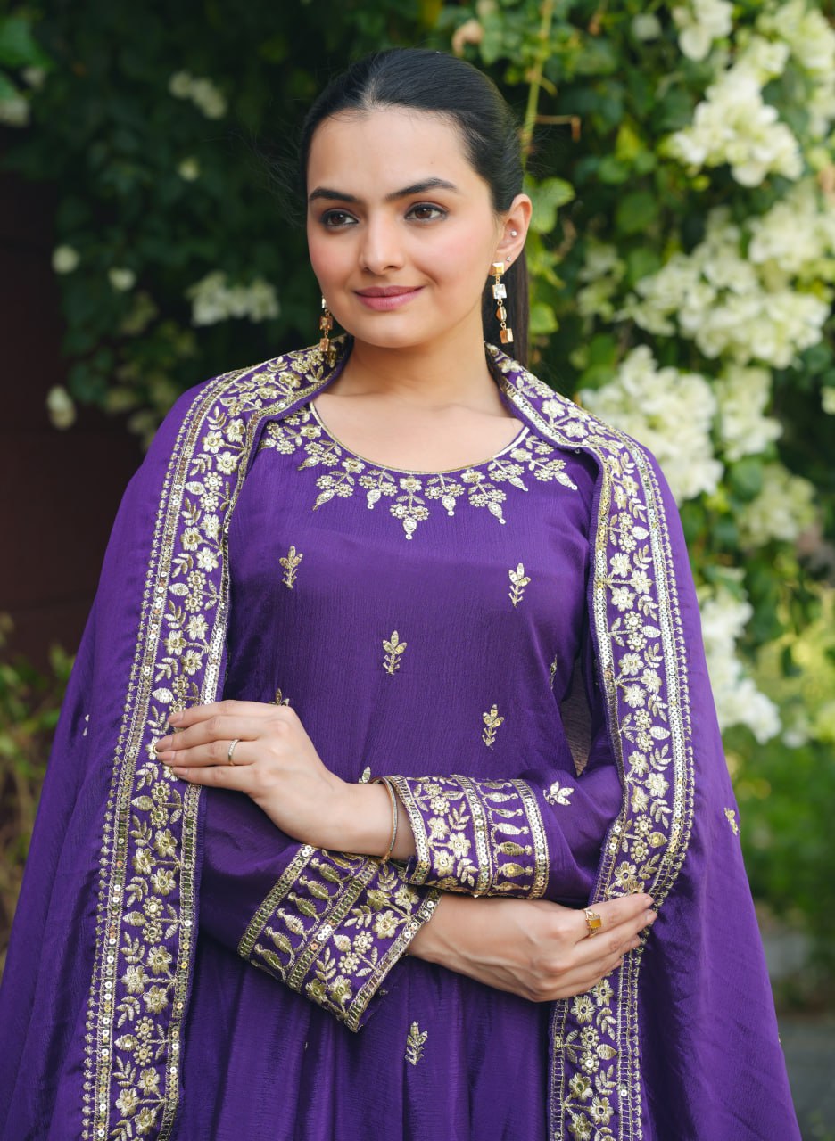 Violet Chinon Silk Designer Anarkali Suit with Sequence Work
