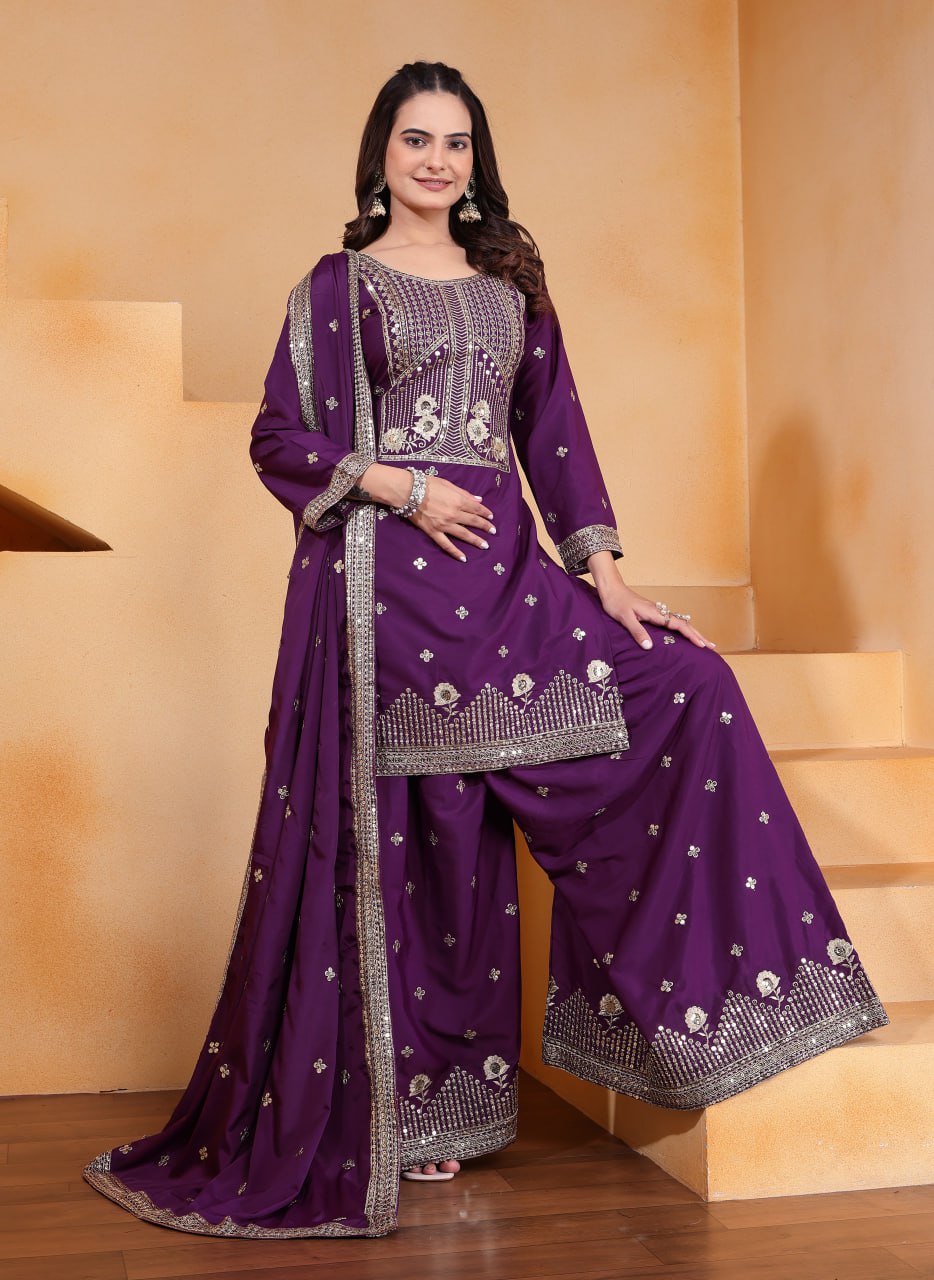 Purple Crepe Silk Embroidered Sharara Suit Set