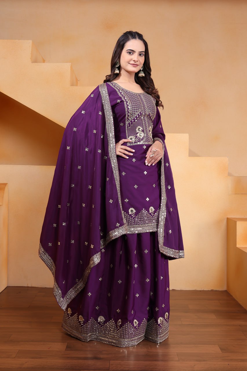 Purple Crepe Silk Embroidered Sharara Suit Set