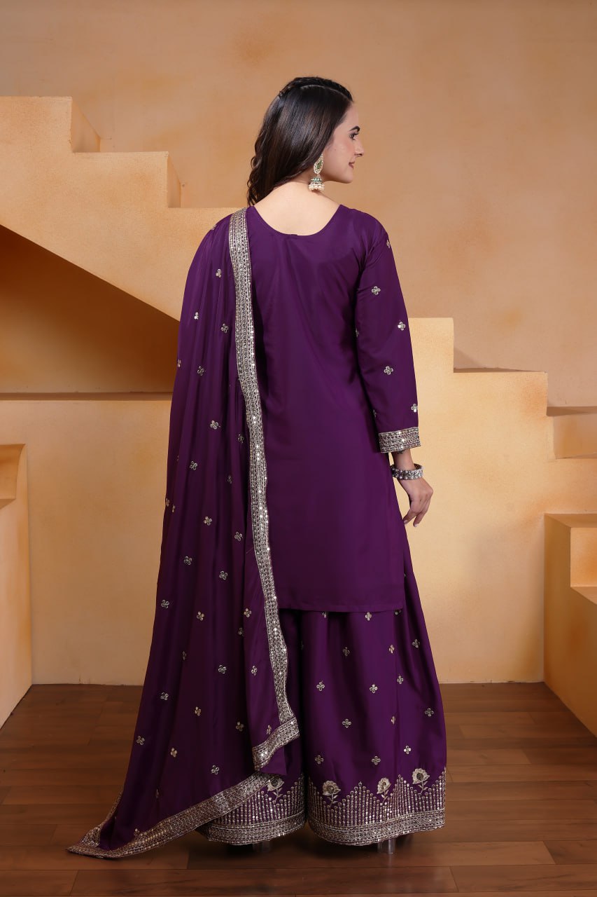 Purple Crepe Silk Embroidered Sharara Suit Set