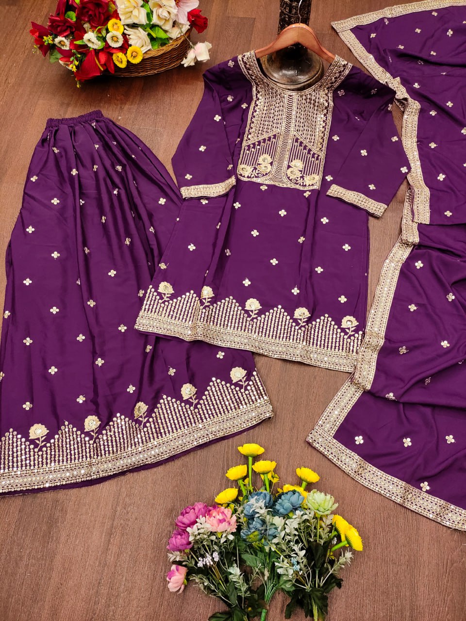 Purple Crepe Silk Embroidered Sharara Suit with Sequence Detail