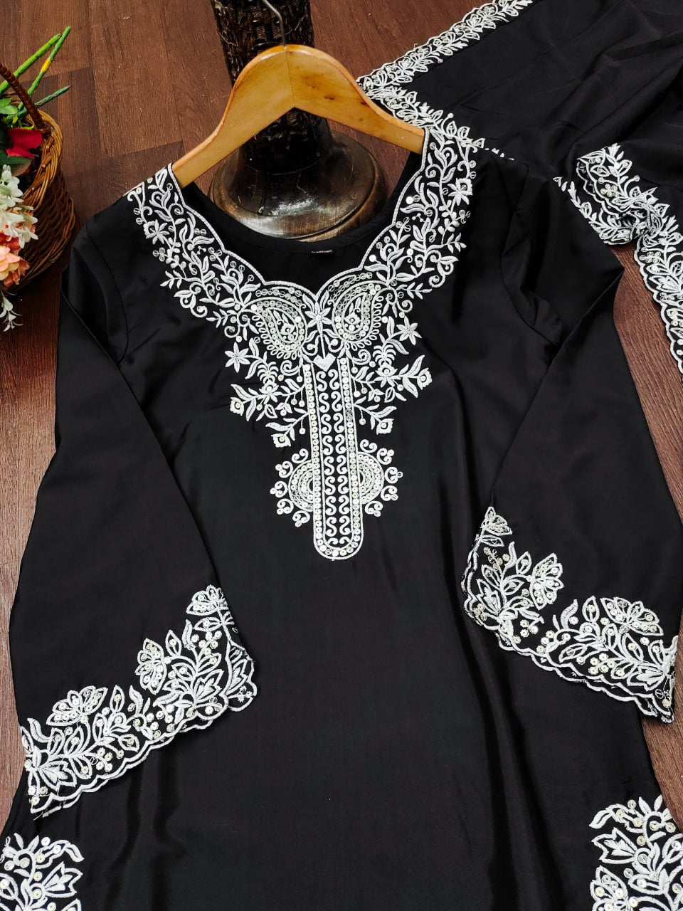 Black Crepe Silk Embroidered Palazzo Suit with Sequence Detail