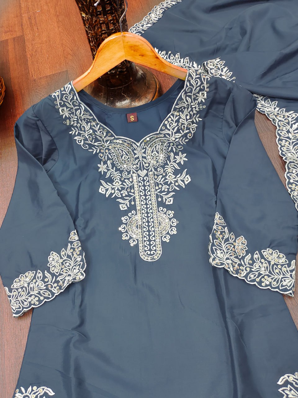 Dark Sky Blue Natural Crepe Silk Embroidered Palazzo Suit