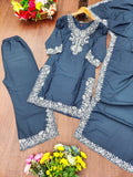 Dark Sky Blue Crepe Silk Palazzo Suit with elegant sequence embroidery