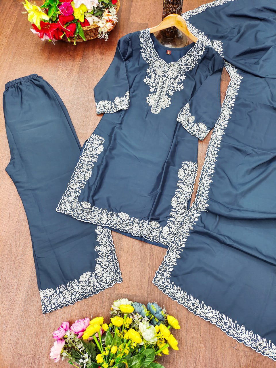 Dark Sky Blue Crepe Silk Palazzo Suit with elegant sequence embroidery
