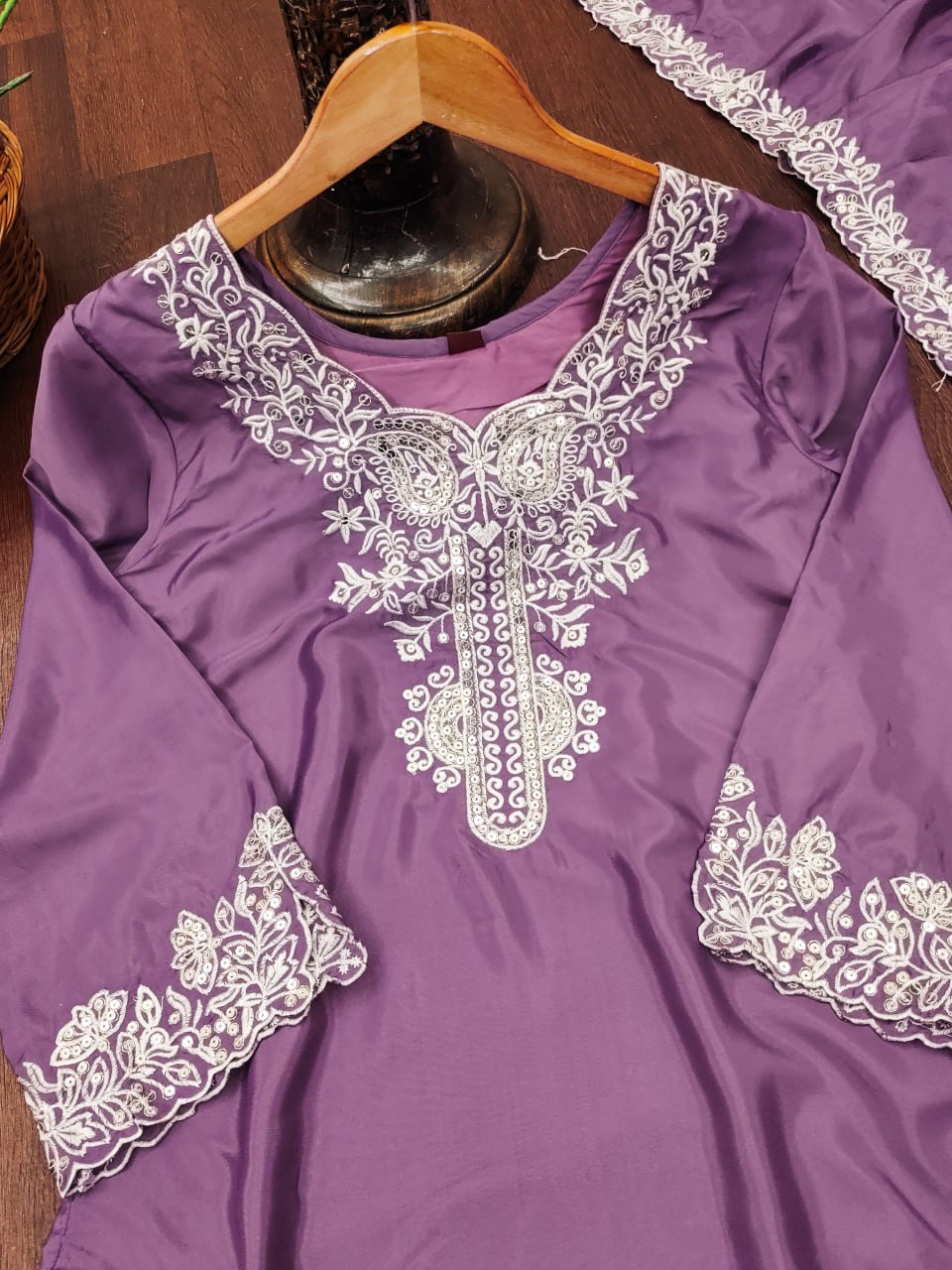 Light Lavender Crepe Silk Embroidered Palazzo Suit Set