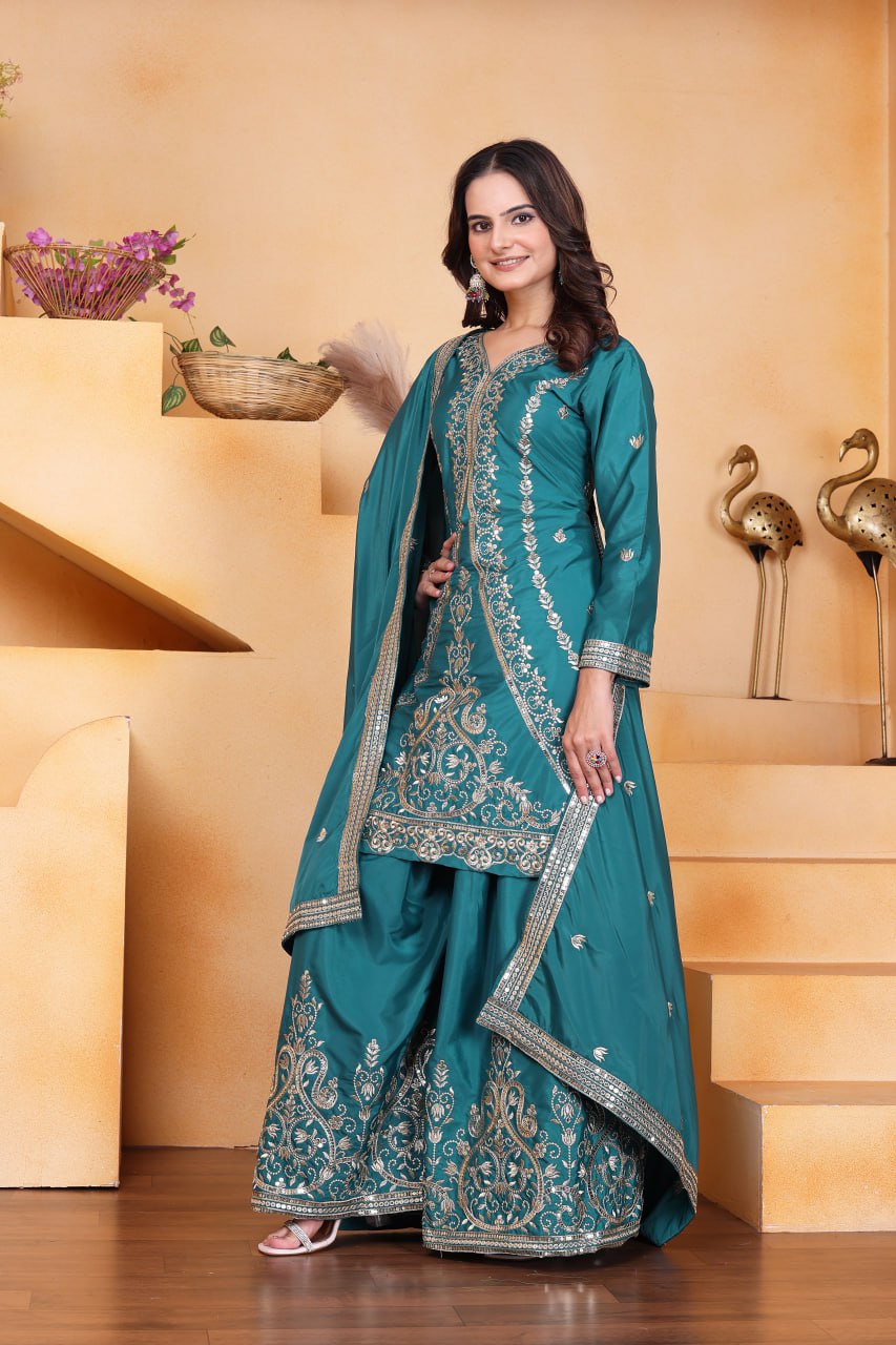 Rama Green Crepe Silk Embroidered Sharara Suit Set