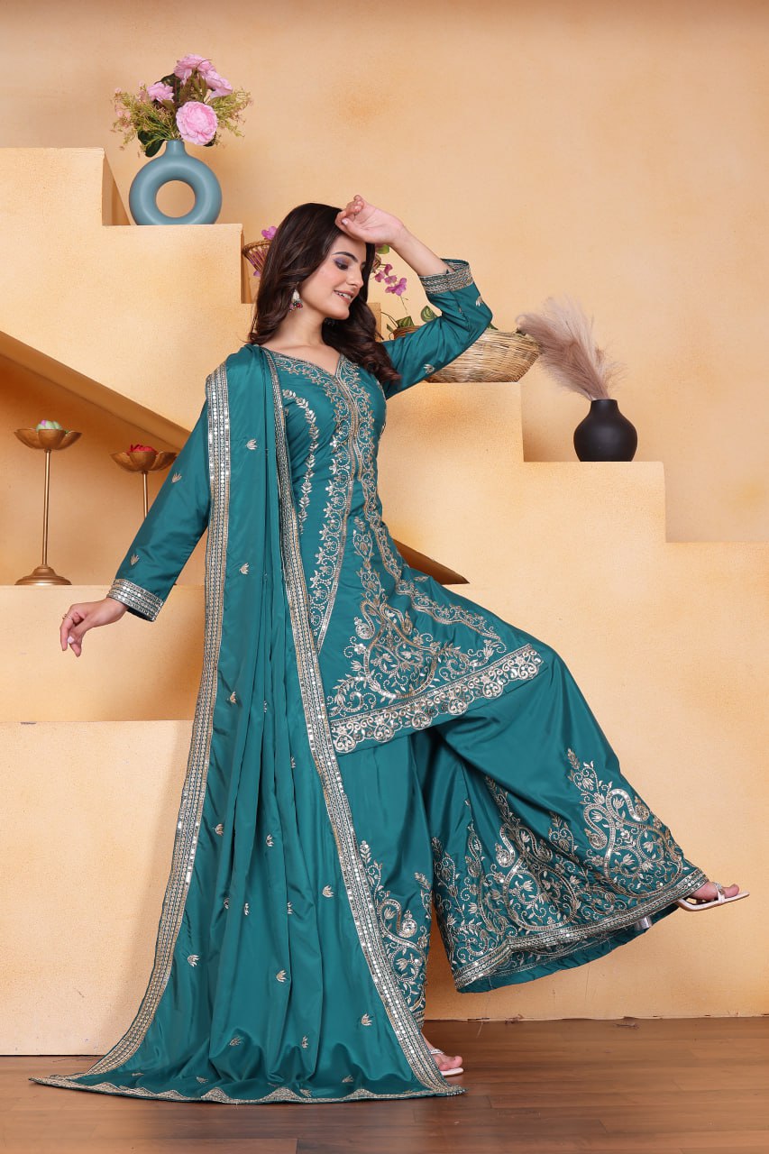 Rama Green Crepe Silk Embroidered Sharara Suit Set