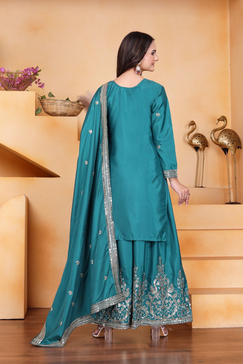 Rama Green Crepe Silk Embroidered Sharara Suit Set