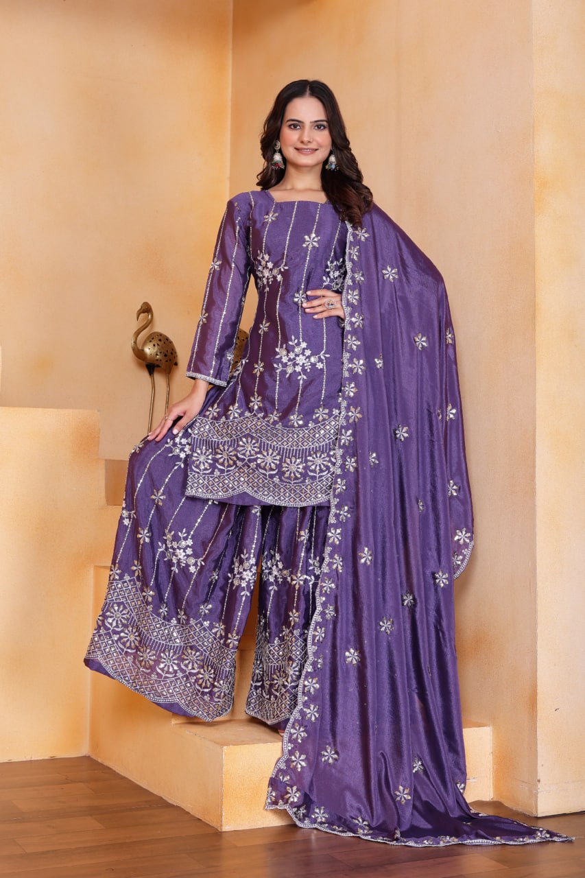 Prazu Fashion Purple Chinon Silk Sequin Embroidered Sharara Suit