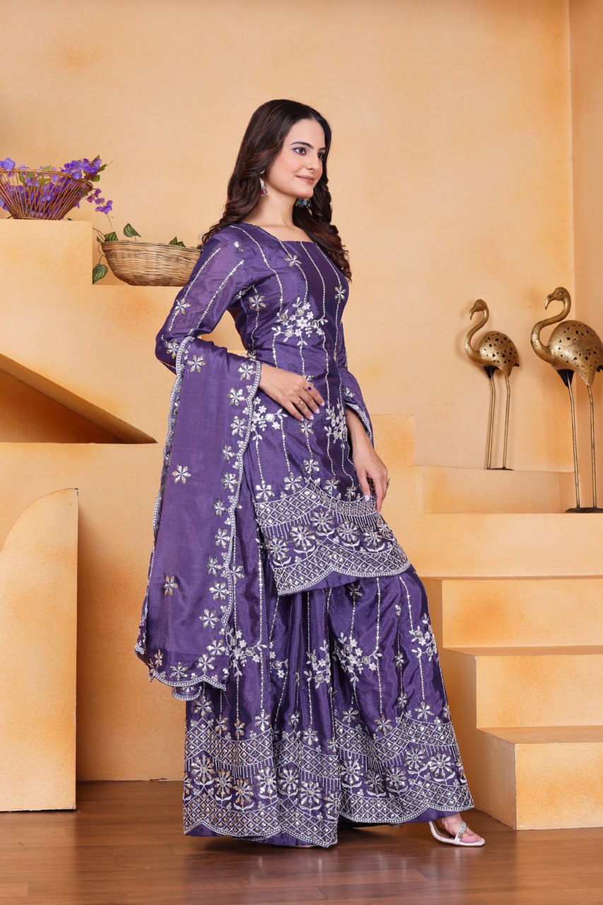 Prazu Fashion Purple Chinon Silk Sequin Embroidered Sharara Suit