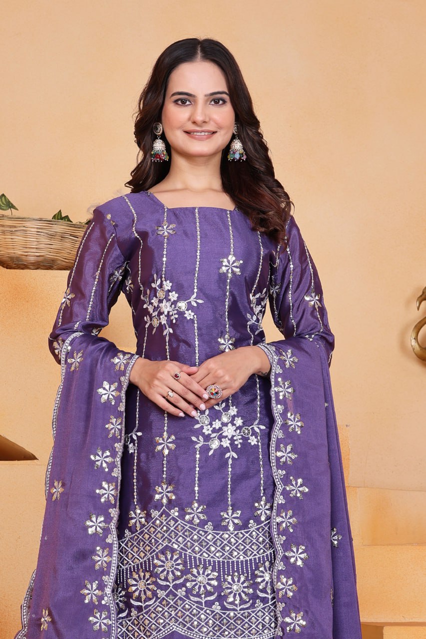 Prazu Fashion Purple Chinon Silk Sequin Embroidered Sharara Suit