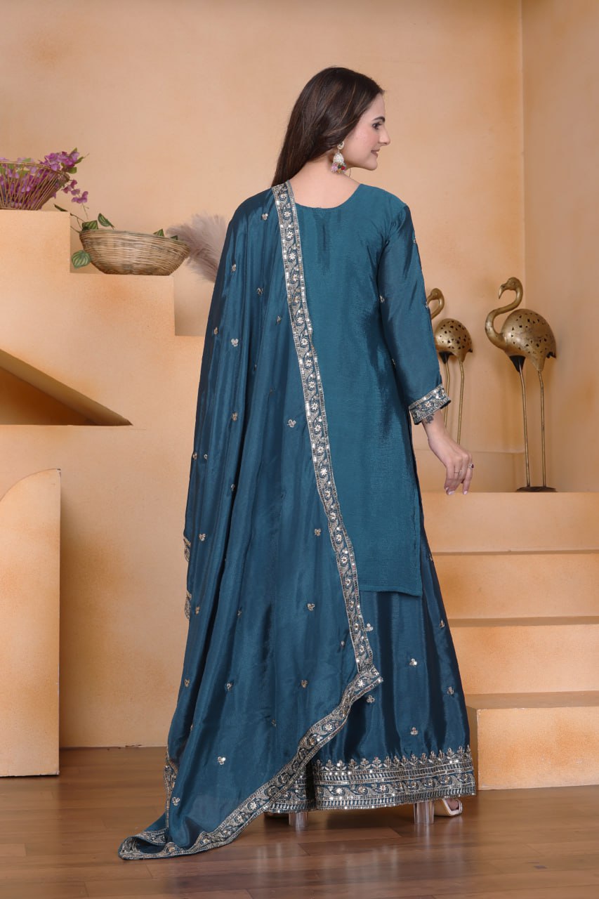 Prazu Fashion Rama Chinon Silk Sequin Embroidered Sharara Suit
