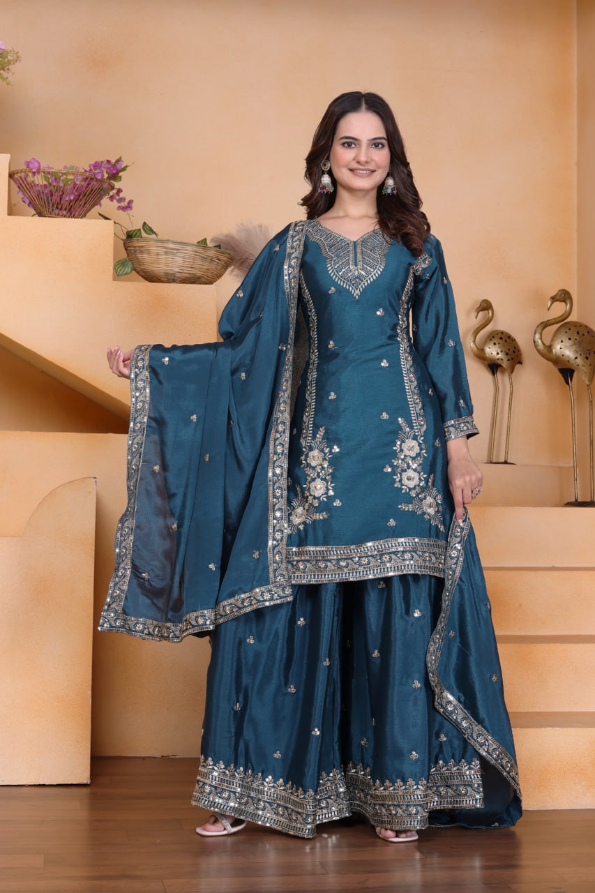 Prazu Fashion Rama Chinon Silk Sequin Embroidered Sharara Suit
