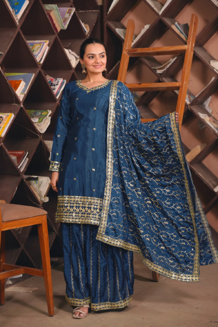 Prazu Fashion Blue Chinon Silk Sequin Embroidered Sharara Suit