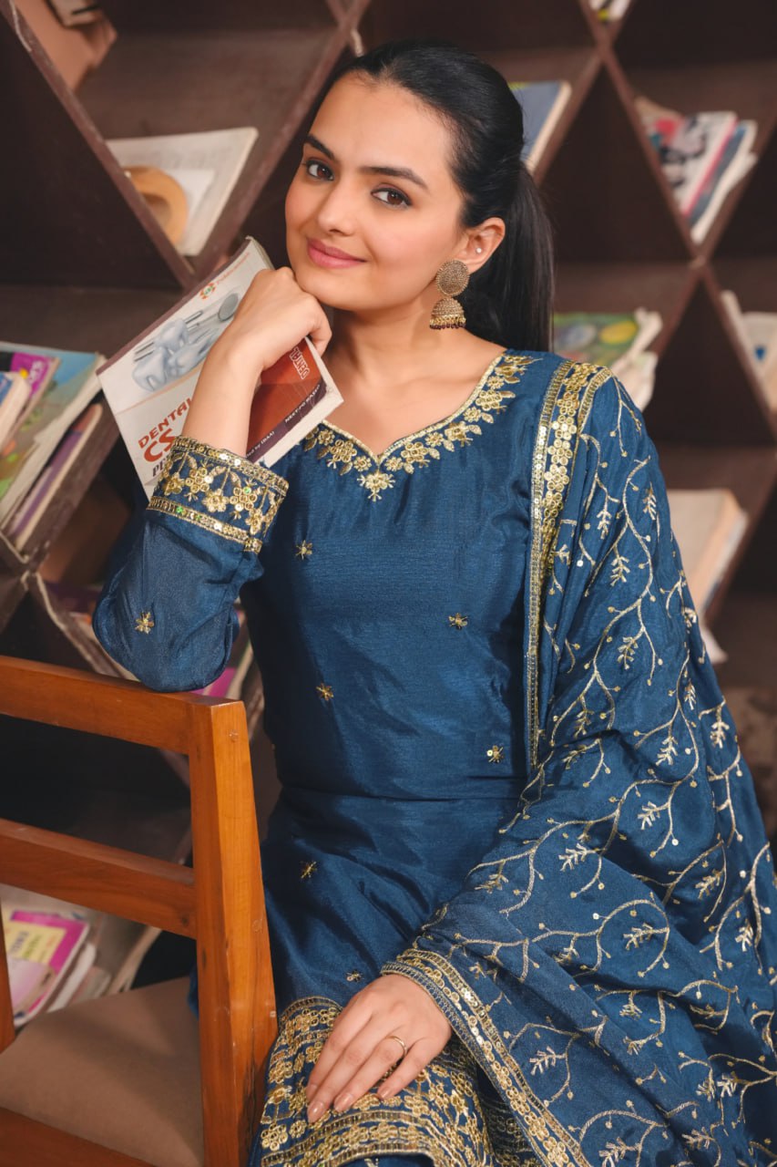 Prazu Fashion Blue Chinon Silk Sequin Embroidered Sharara Suit