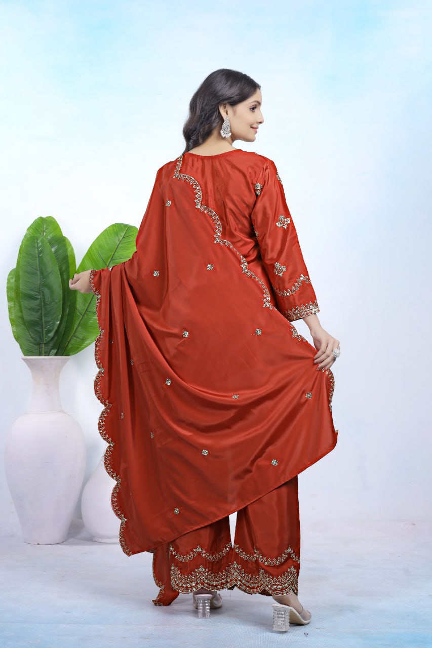 Prazu Fashion Rust Orange Crepe Sequence With Embroidered Salwar Suit