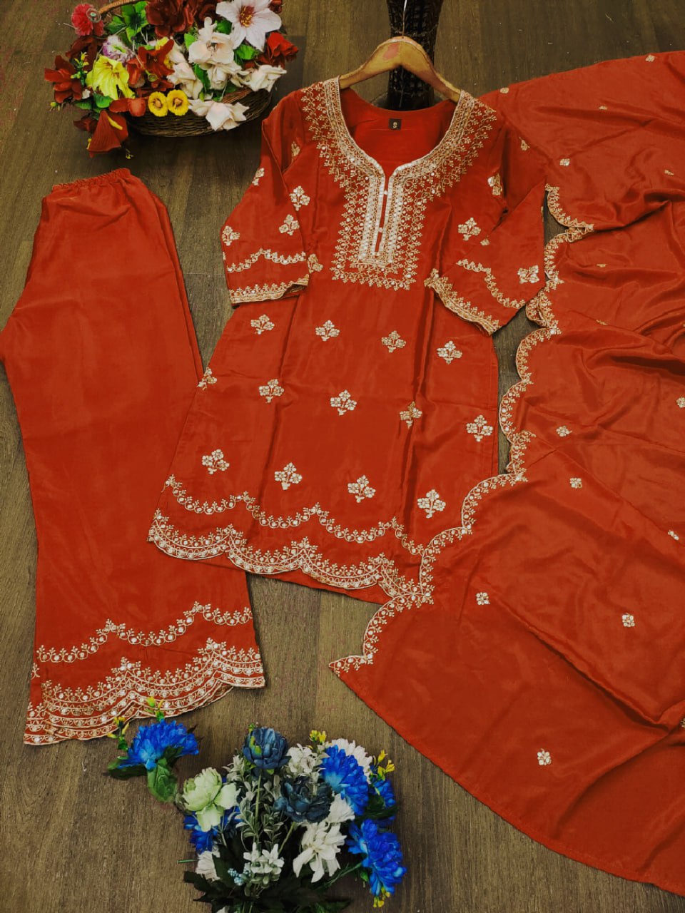 Prazu Fashion Rust Orange Crepe Sequence With Embroidered Salwar Suit