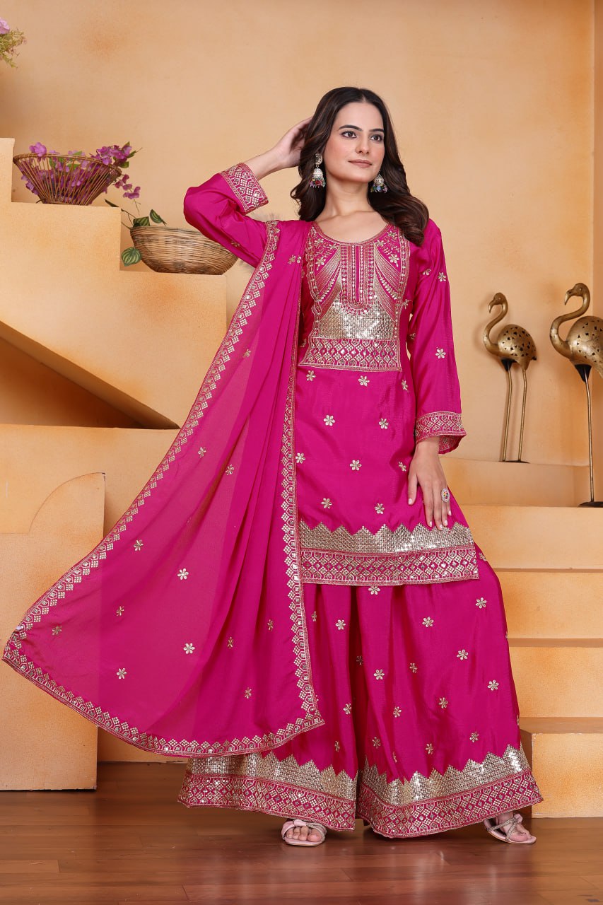 Prazu Fashion Pink Chinon Silk Sequin Embroidered Sharara Suit