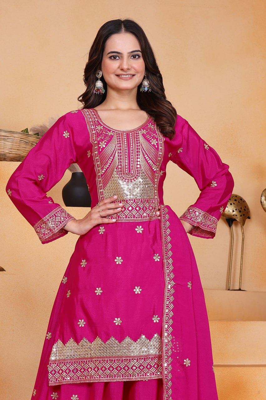 Prazu Fashion Pink Chinon Silk Sequin Embroidered Sharara Suit
