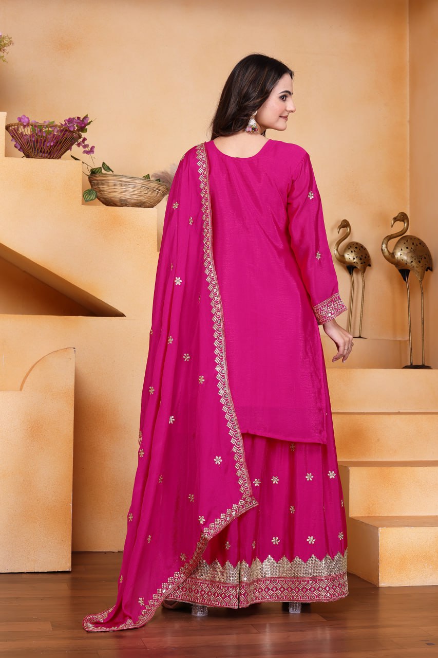 Prazu Fashion Pink Chinon Silk Sequin Embroidered Sharara Suit