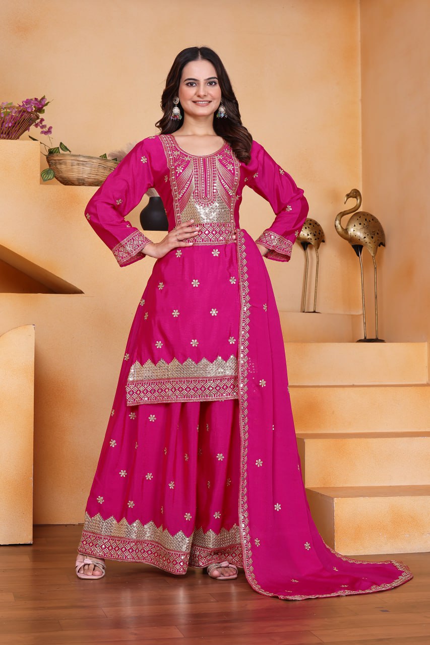 Prazu Fashion Pink Chinon Silk Sequin Embroidered Sharara Suit