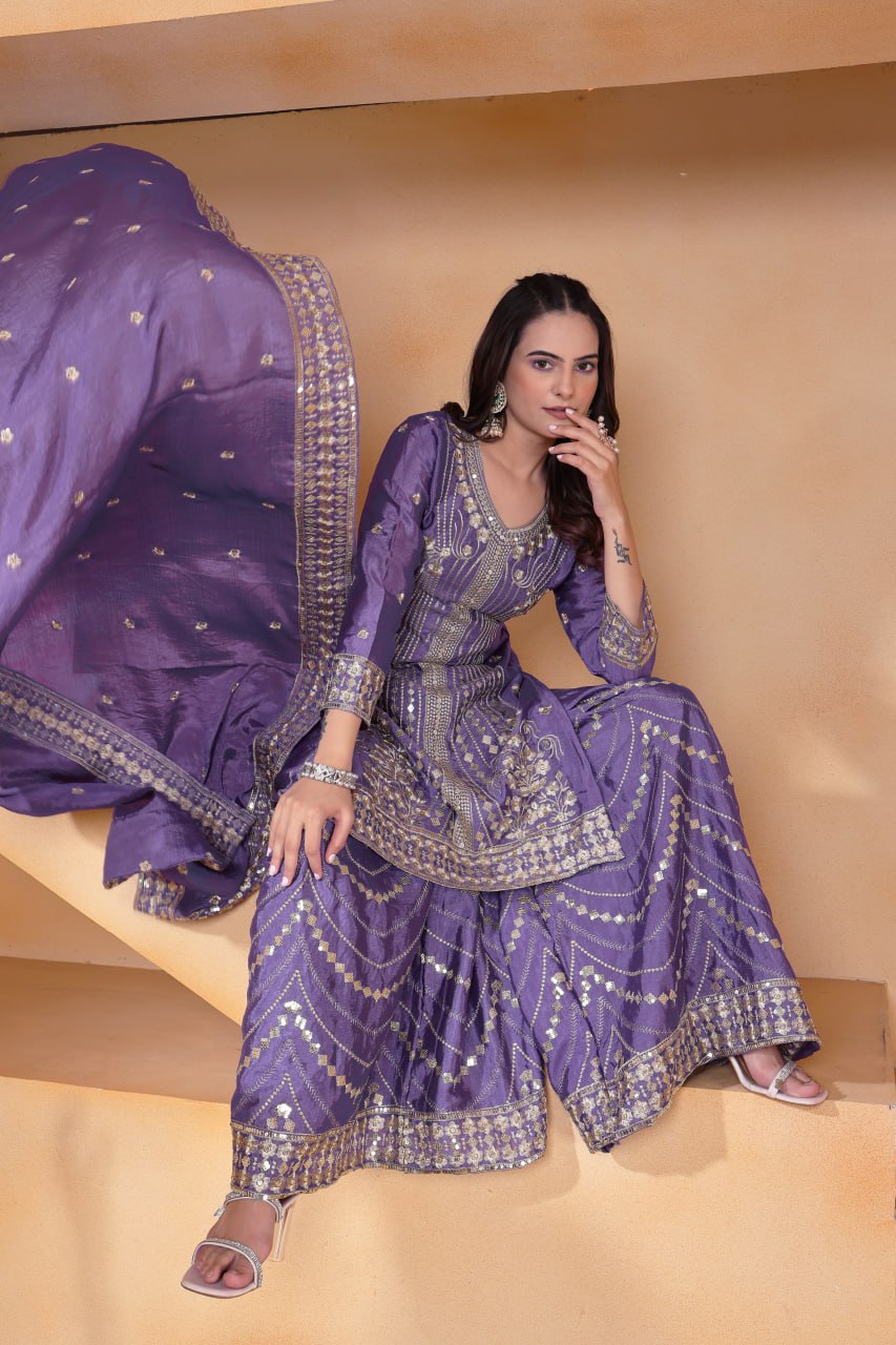 Prazu Fashion Lavender Chinon Silk Sequin Embroidered Sharara Suit