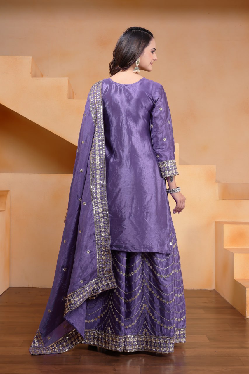 Prazu Fashion Lavender Chinon Silk Sequin Embroidered Sharara Suit