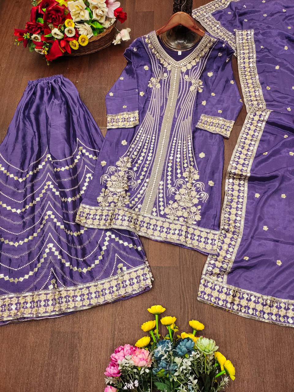 Prazu Fashion Lavender Chinon Silk Sequin Embroidered Sharara Suit
