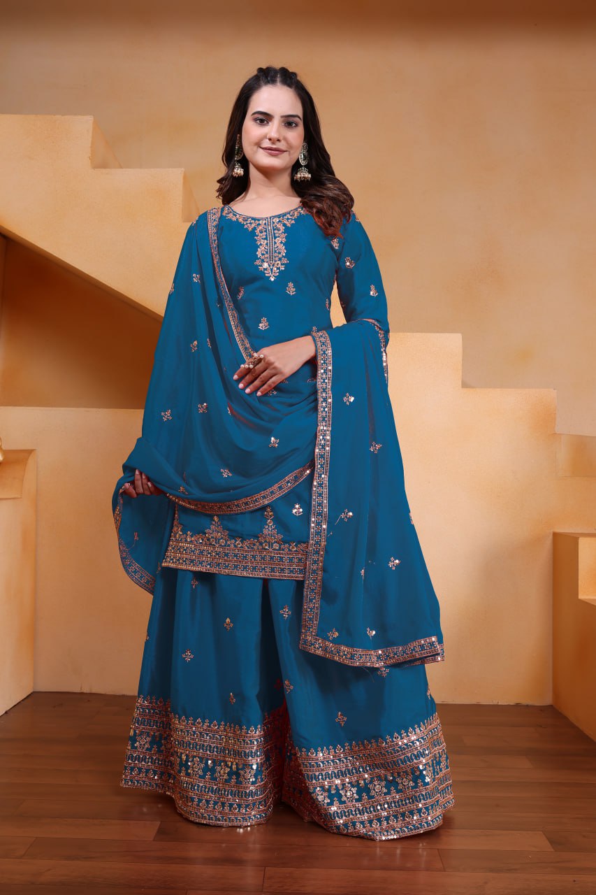 Prazu Fashion Firozi Chinon Silk Sequin Embroidered Sharara Suit