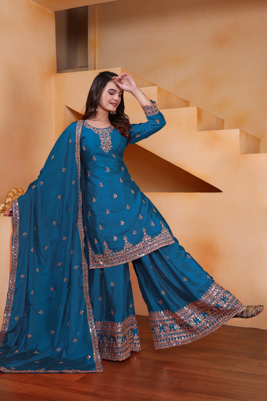 Prazu Fashion Firozi Chinon Silk Sequin Embroidered Sharara Suit