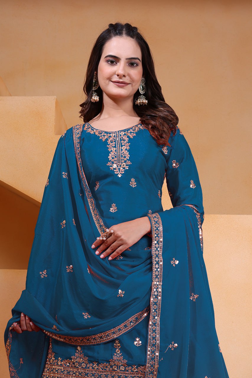 Prazu Fashion Firozi Chinon Silk Sequin Embroidered Sharara Suit