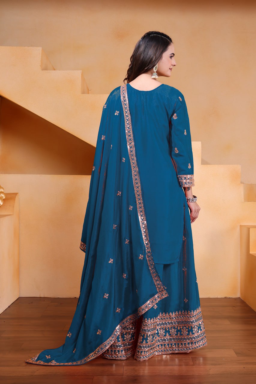 Prazu Fashion Firozi Chinon Silk Sequin Embroidered Sharara Suit
