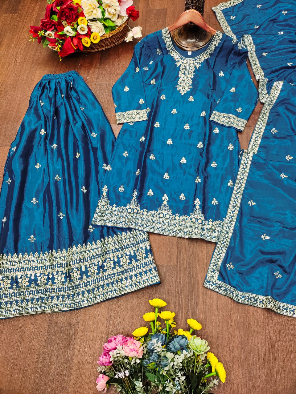 Prazu Fashion Firozi Chinon Silk Sequin Embroidered Sharara Suit