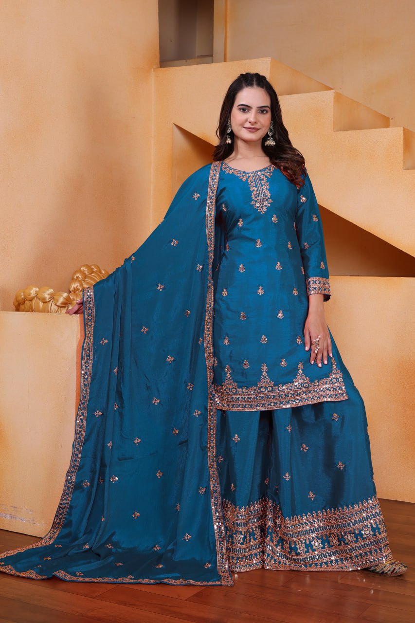 Prazu Fashion Firozi Chinon Silk Sequin Embroidered Sharara Suit