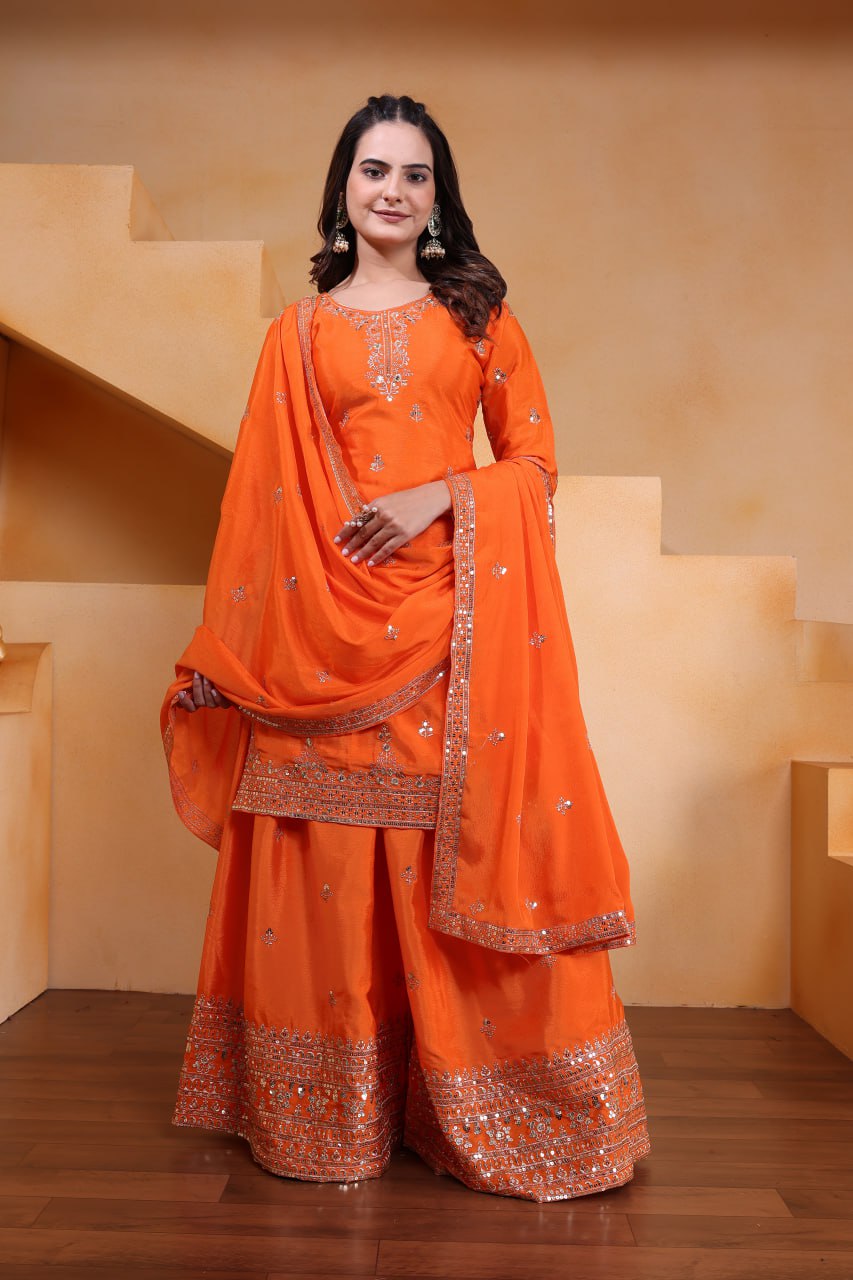Prazu Fashion Orange Chinon Silk Sequin Embroidered Sharara Suit