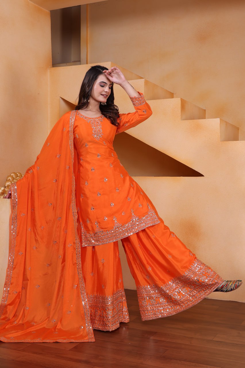 Prazu Fashion Orange Chinon Silk Sequin Embroidered Sharara Suit