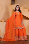 Prazu Fashion Orange Chinon Silk Sequin Embroidered Sharara Suit