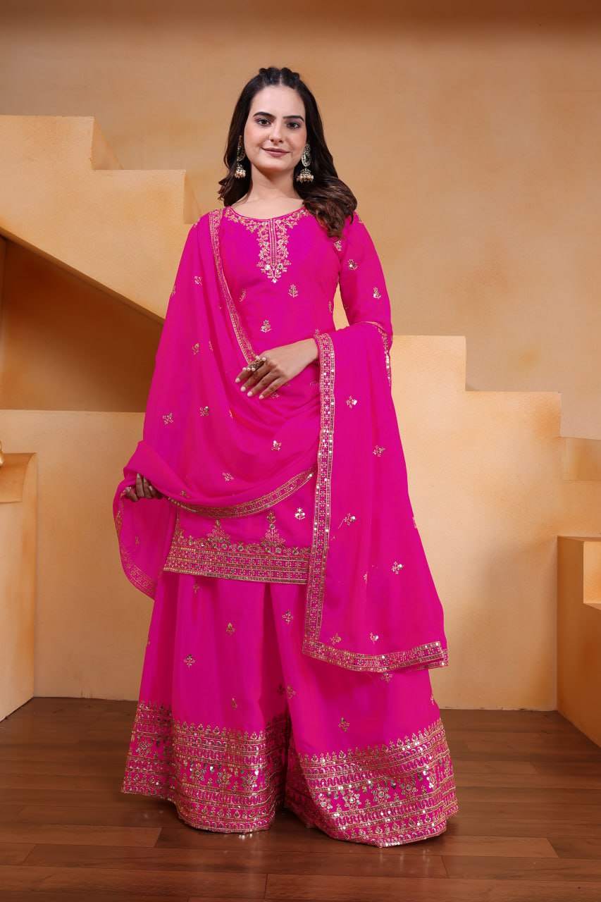 Prazu Fashion Pink Chinon Silk Sequin Embroidered Sharara Suit