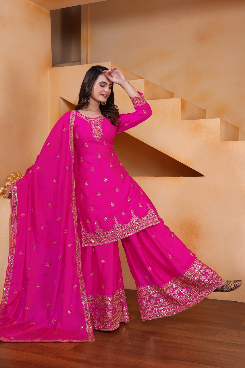Prazu Fashion Pink Chinon Silk Sequin Embroidered Sharara Suit